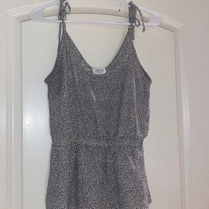 Sienna Sky tie-shoulder tank, black/white print, cinched at waist